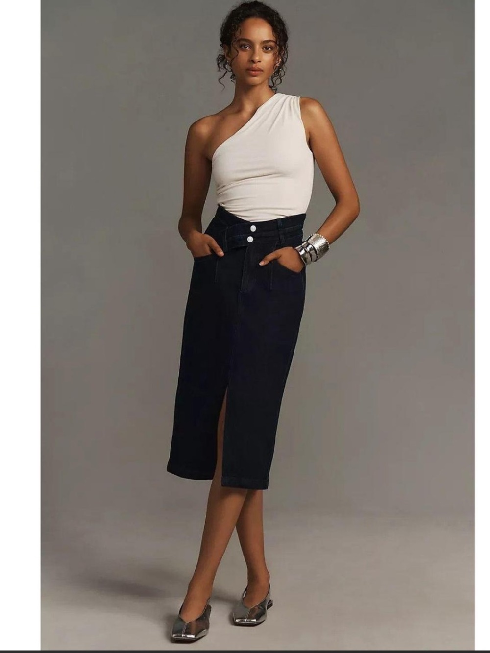 Anthropologie Navy Button-Front High-Waist Midi Skirt with Front Slit